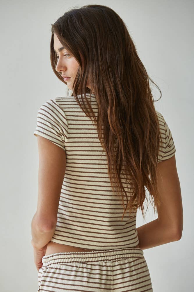 Knit Polyester Cotton Striped Short Sleeve Top