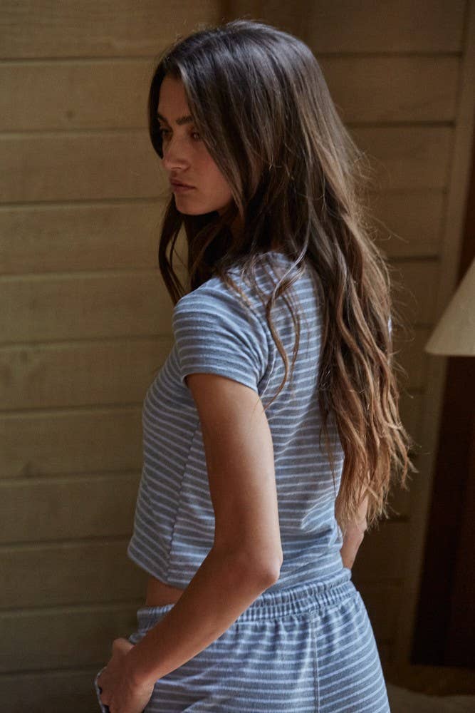 Knit Polyester Cotton Striped Short Sleeve Top