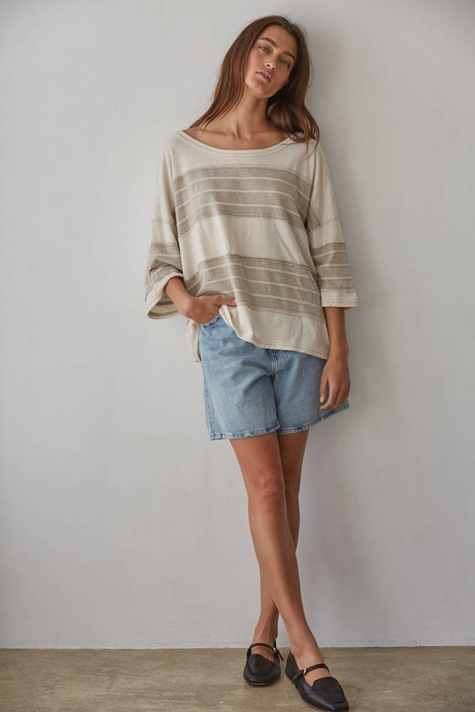 Knit Polyester Spandex Striped Short Sleeve Flowy Top