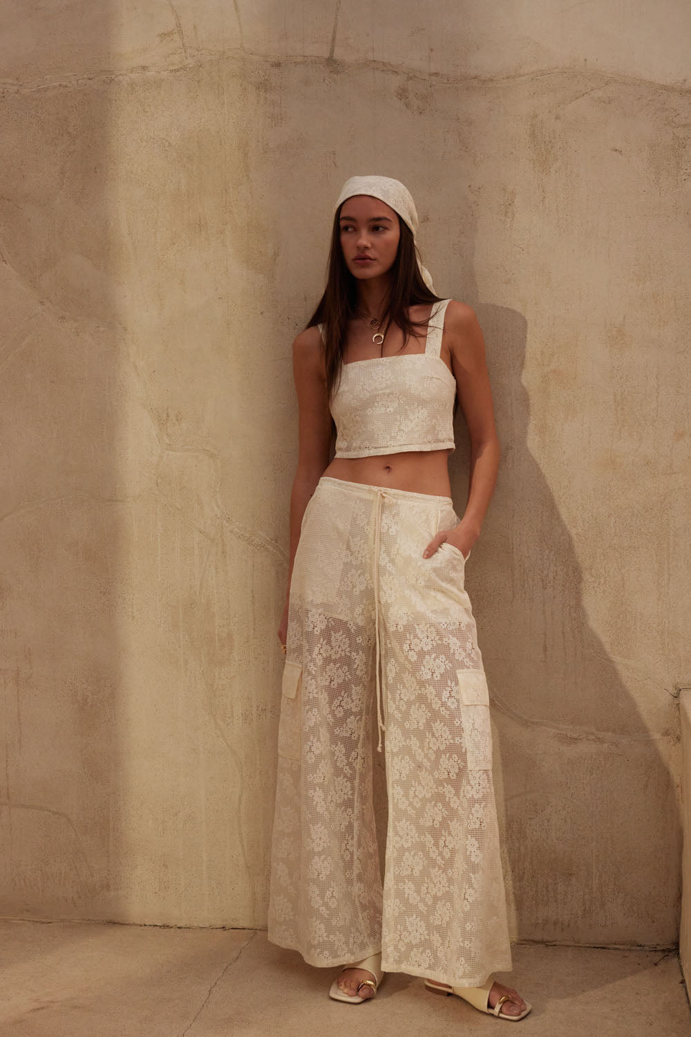 Floral Lace Drawstring Cargo Pants