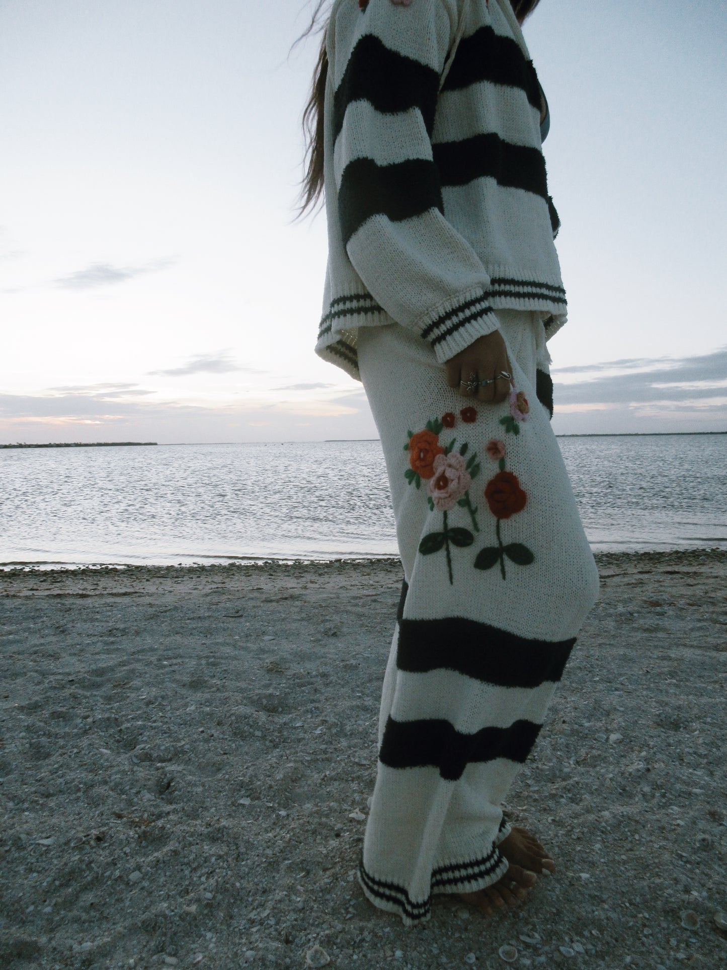 Striped pattern 3D embroidered detail chenille sweater pants