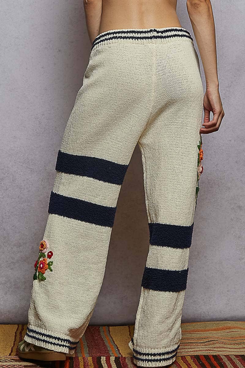 Striped pattern 3D embroidered detail chenille sweater pants