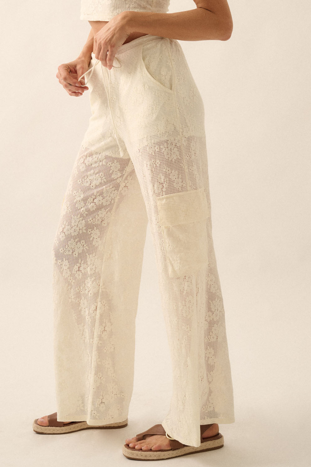Floral Lace Drawstring Cargo Pants