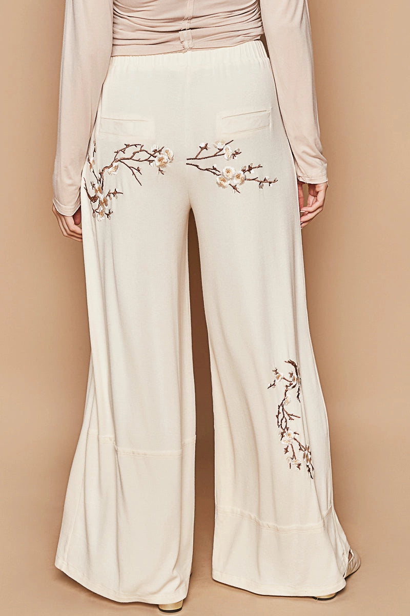 Elastic Waist Embroidered Floral Casual Knit Pants BUTTER MILK