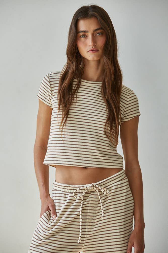 Knit Polyester Cotton Striped Short Sleeve Top