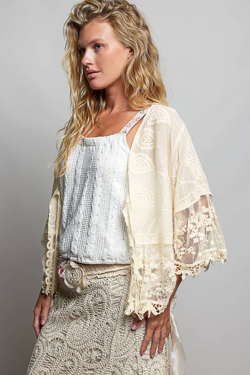 Lace Ruffle Trim Crochet Cardigan