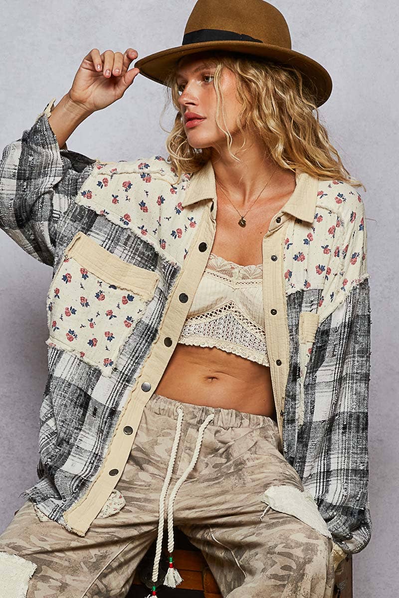 Long sleeve floral plaid jacket