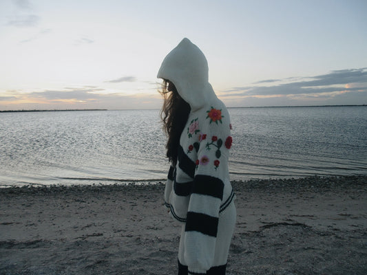 Striped pattern 3D embroidered hoodie zip-up sweater top