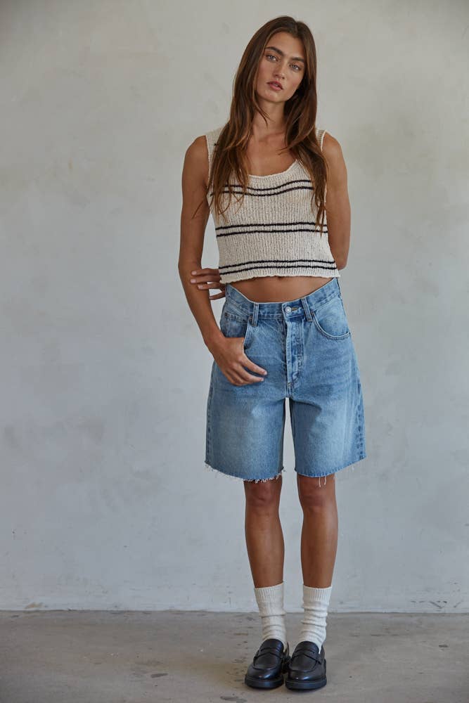 Knit Polyester Striped Round Neck Sleeveless Tank