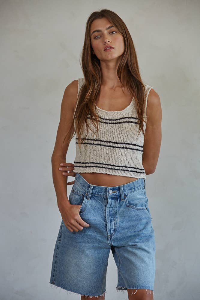 Knit Polyester Striped Round Neck Sleeveless Tank