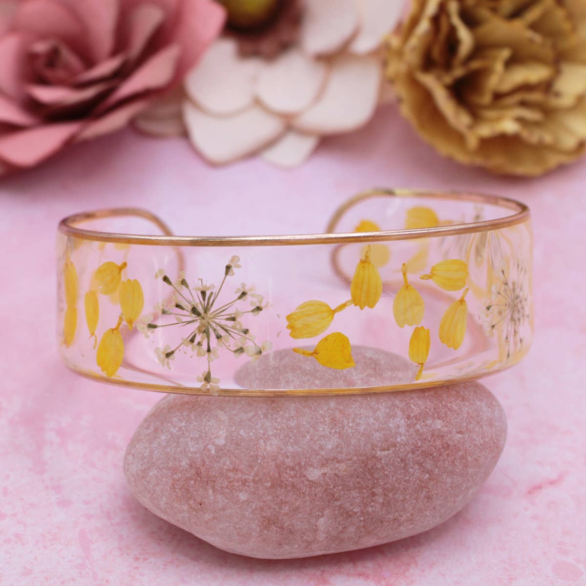 Yellow White Dried Flower Cuff Bracelet