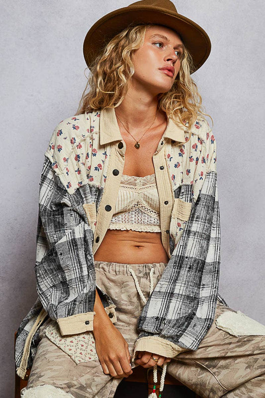 Long sleeve floral plaid jacket