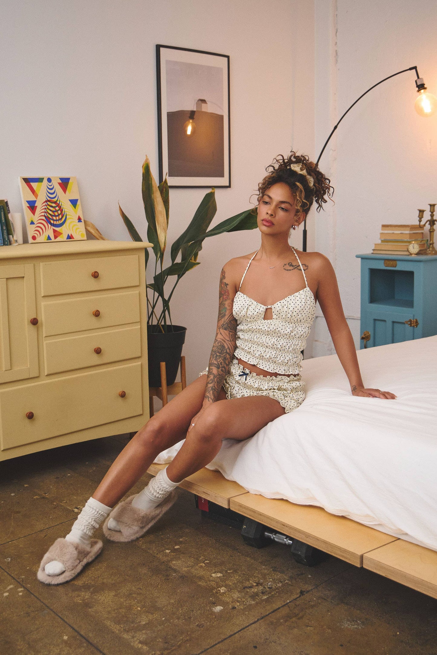 Polka dot satin smocked halter cami & shorts set