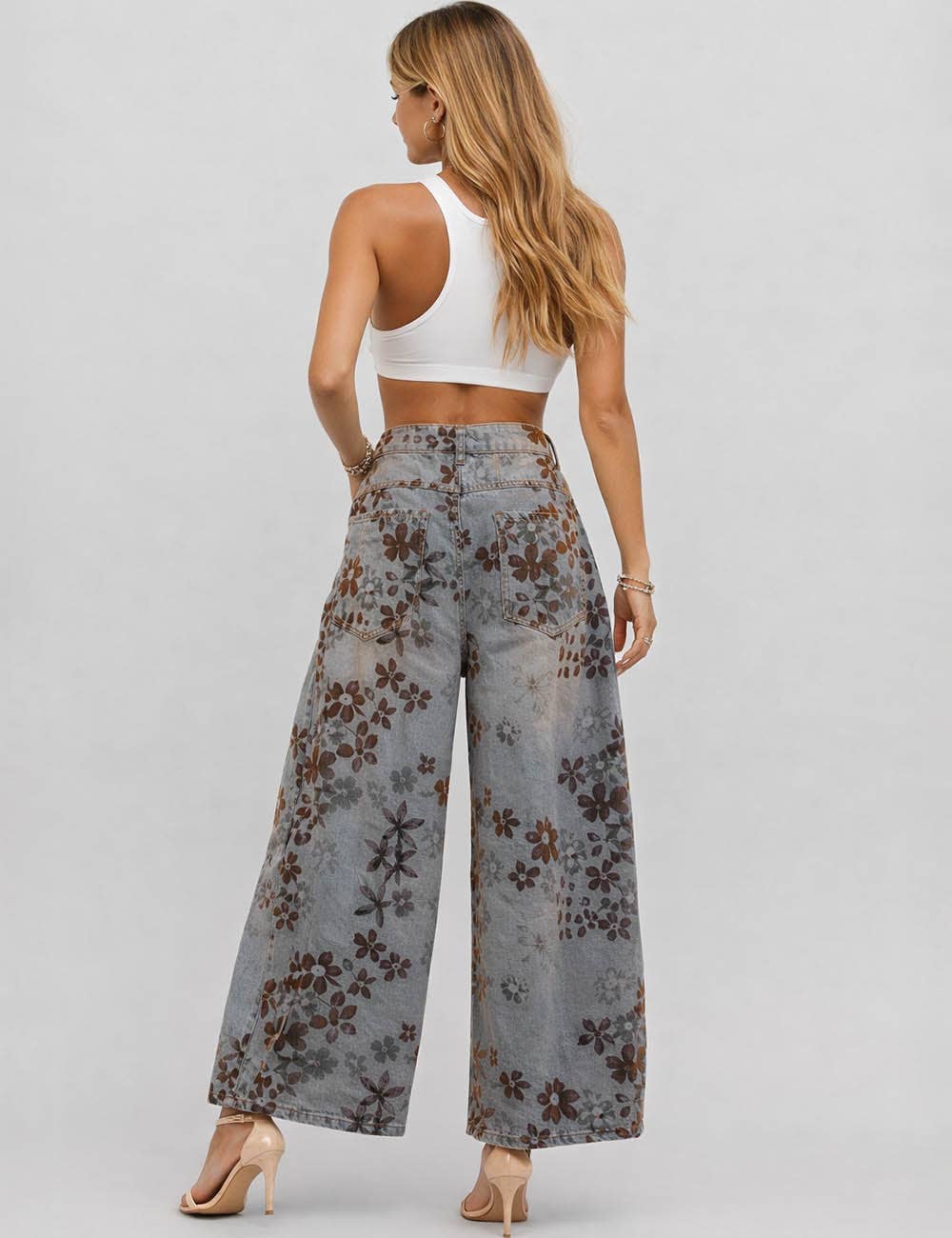 Floral Print Wide Leg Denim Pants