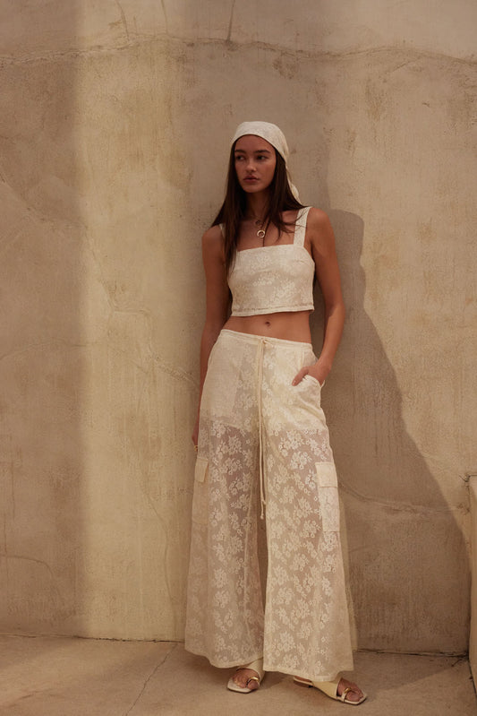 Floral Lace Drawstring Cargo Pants