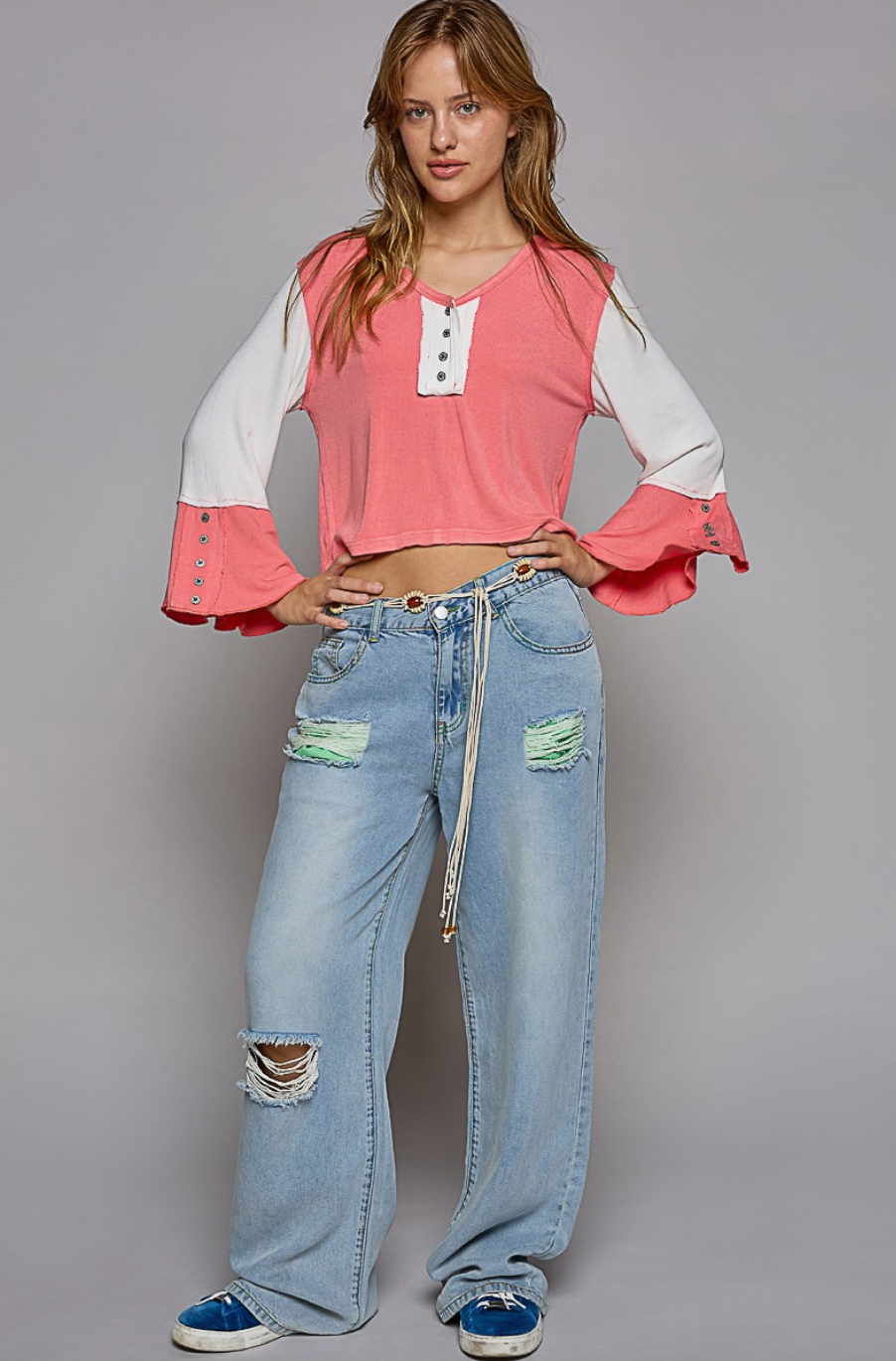 VINTAGE WASHED BUTTON CROPPED TOP