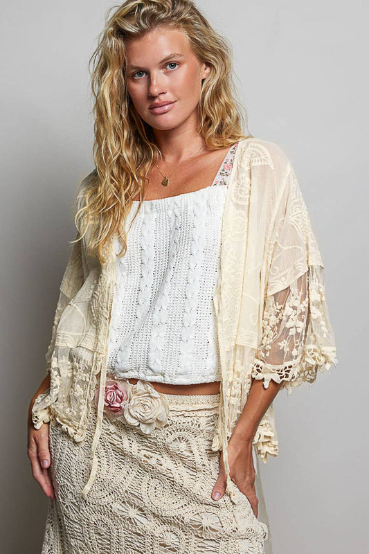 Lace Ruffle Trim Crochet Cardigan