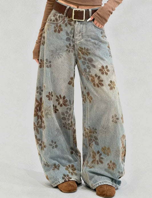 Floral Print Wide Leg Denim Pants