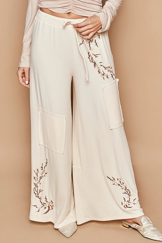 Elastic Waist Embroidered Floral Casual Knit Pants BUTTER MILK
