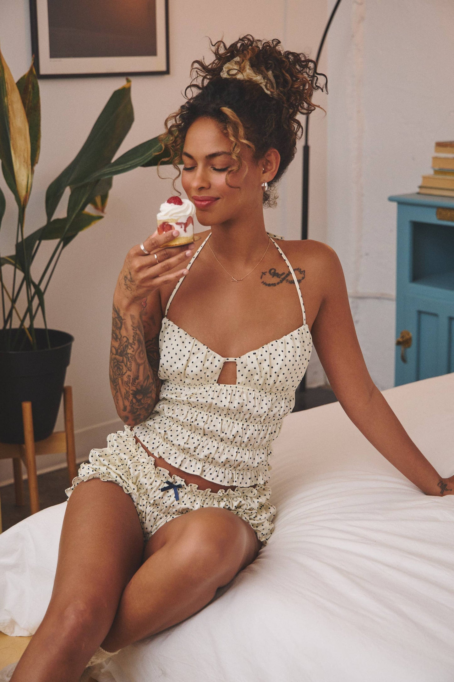 Polka dot satin smocked halter cami & shorts set